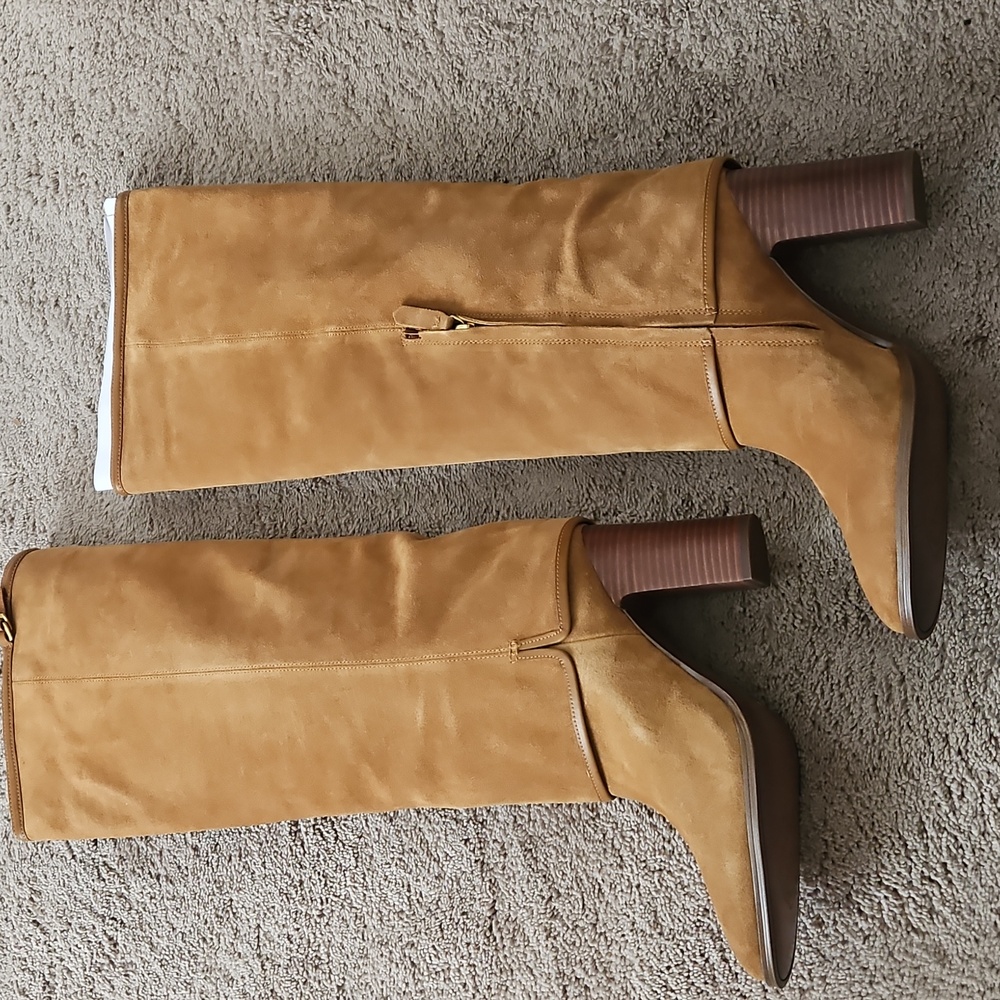 NEW Franco Sarto Informa West Camel Suede Tall Block Heel Zip Boots Leather